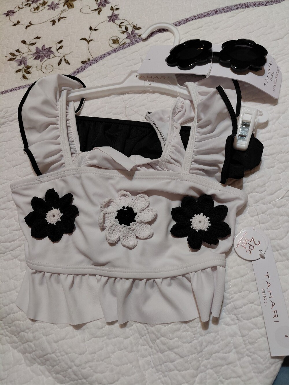 TAHARI GIRL 2 PC  BATHING SUIT CROCHET. WITH GLASSES SIZE 4 NWT
